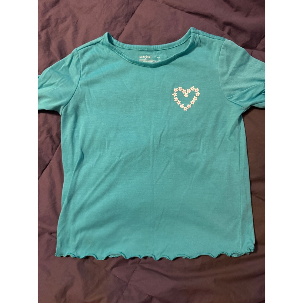 Cat & Jack Girls Aqua Blue Floral Heart Sleep Shirt Lettuce Trim Size M 8